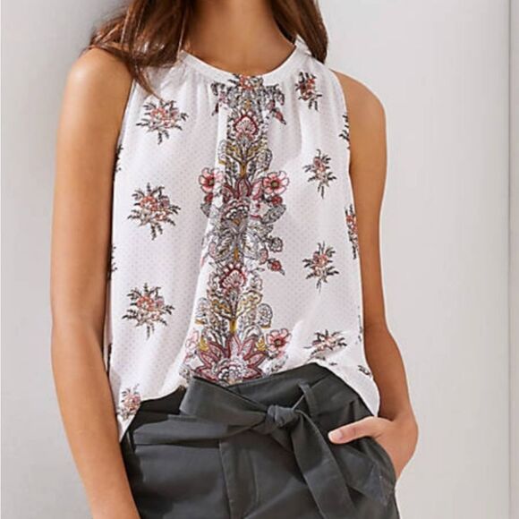 LOFT Ivory Floral Shirred Shell Polka Dot Sleeveless Blouse Women's Keyhole Top - Picture 2 of 11
